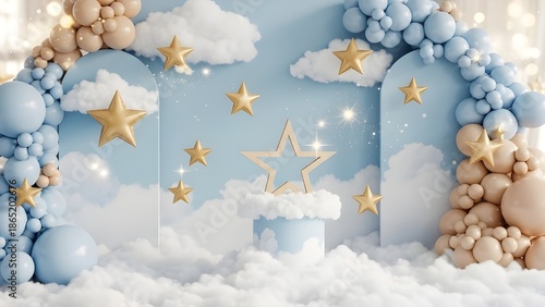 Whimsical baby shower backdrop with blue balloons and golden stars