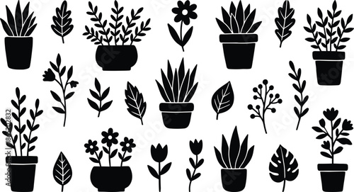 Black potted plant and botanical silhouettes set featuring indoor plants, leaves, and flowers isolated on white background