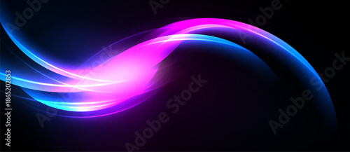 Bright abstract lines curve across dark background. Vivid pink, blue hues create dynamic visual effect. Smooth gradients suggest movement, energy.