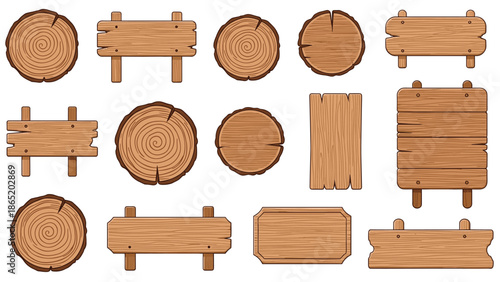 Extensive collection of diverse wooden signs and natural wood slices, featuring various shapes, textures, and orientations, ideal for rustic designs.