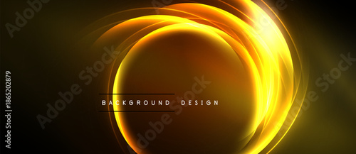 Abstract golden swirls over dark background. Circular design creates luminous effect, modern aesthetic. Simple text reads background design.