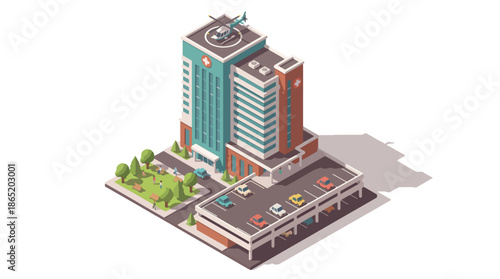 Modern hospital building with helipad and adjacent parking garage, showcasing urban healthcare infrastructure and accessibility
