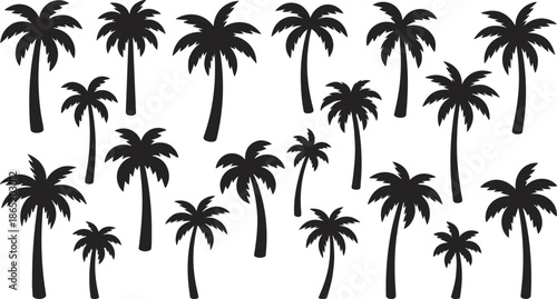 Black palm tree silhouettes pattern set featuring tropical coconut palms isolated on white background for summer beach designs