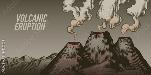 Moody volcano eruption landscape scene. Volcanic activity and explosion, lava coming out of mountain. Natural disaster concept. hand drawn engraving illustration pen and ink line art.