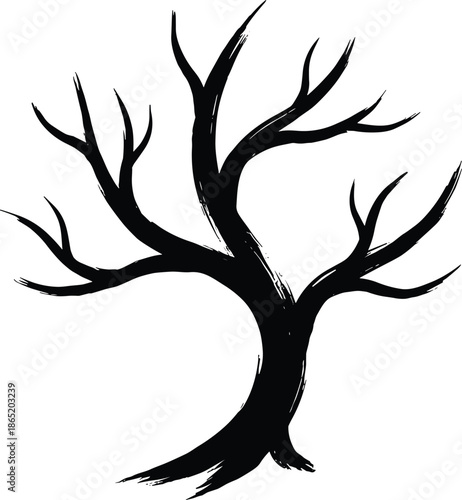Abstract black leafless tree silhouette with expressive brush strokes isolated on white background for art and design use