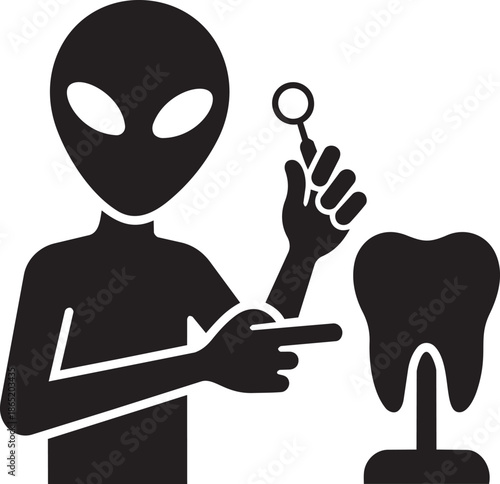 Black silhouette of grey alien pointing at giant molar with dental mirror and checking tooth