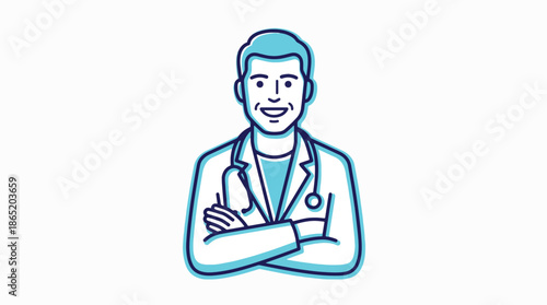Professional doctor with arms crossed wearing a white coat and stethoscope, illustration in blue and white