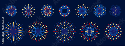 Set of holiday colorful firework explosion isolated on dark blue background. Independence day of America. Vector illustration