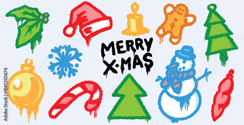 Merry Xmas Collection of a graffiti design elements. Snowman, tree, hat, lollypop gingerbread. Bald grungy modern style. Hand drawn texture.