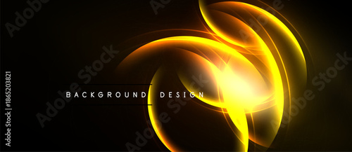 Abstract golden light curves form swirling design. Dark background emphasizes bright energy, modern aesthetic. Simple text labels bottom center.