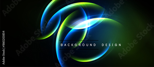 Abstract neon swirls, vibrant green, blue hues. Dark background emphasizes glowing curves, modern design element. Text reads background design.