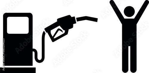 Black silhouette of a person rejoicing next to a gas pump icon