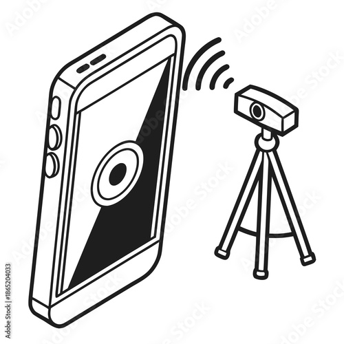 Title: Isometric of a smartphone with a camera lens and a tripod with a camera pointed at the phone