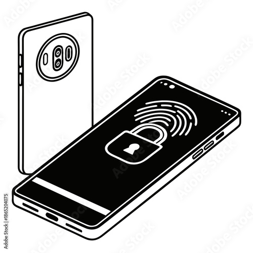 Title: Two smartphones with fingerprint scanners and lock representing biometric security and