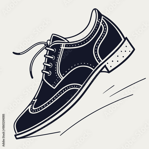 Title: A black and white of a heel shoe with a bow detail and dotted pattern on the toe and heel