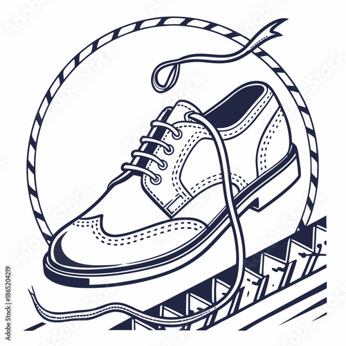 Title: A black and white of a sneaker with a circular frame and laces tied in a bow