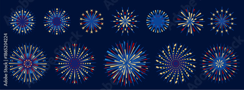 Set of holiday colorful firework explosion isolated on dark blue background. Independence day of America. Vector illustration