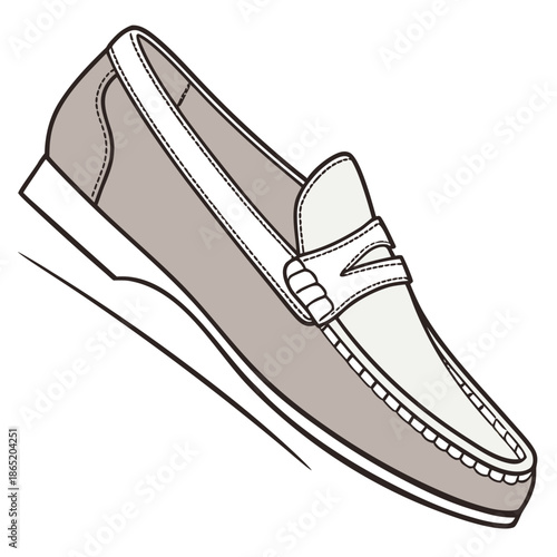 Title: A detailed of a brown loafer shoe with a strap and buckle on a white background