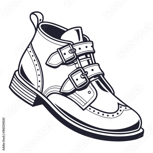 Title: A detailed of a high-top shoe with multiple buckles and intricate stitching patterns