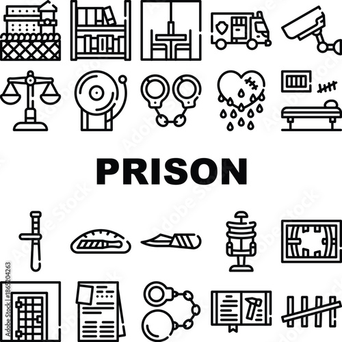 Prison Building And Accessory Icons Set Vector