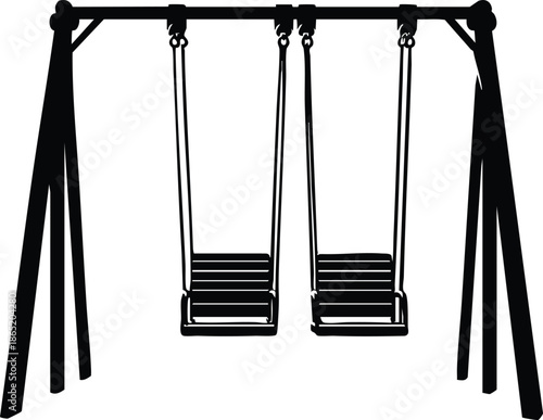 Black silhouette of a park swing set with two seats isolated isolated on white background representing childhood fun and outdoor recreation