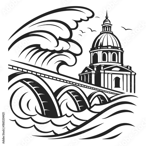 Title: A black and white of a grand building with a dome and a bridge in front of it