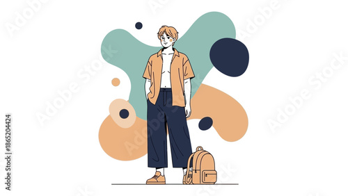 Young Man Standing with Backpack, Abstract Shapes Background, Casual Style