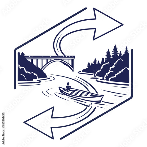 Title: A person in a canoe paddling on a calm lake with a bridge and trees in the background