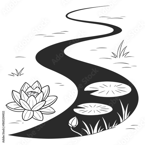 Title: A close-up view of a lotus flower and lily pads in a pond with ripples and reflections