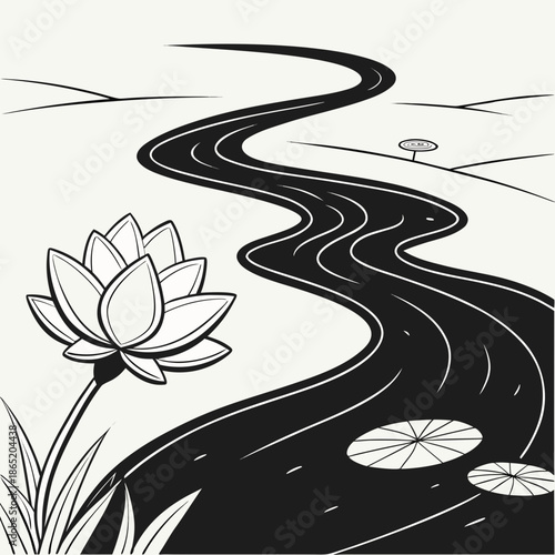 Title: A close-up view of a lotus flower and lily pads in a pond with ripples and reflections