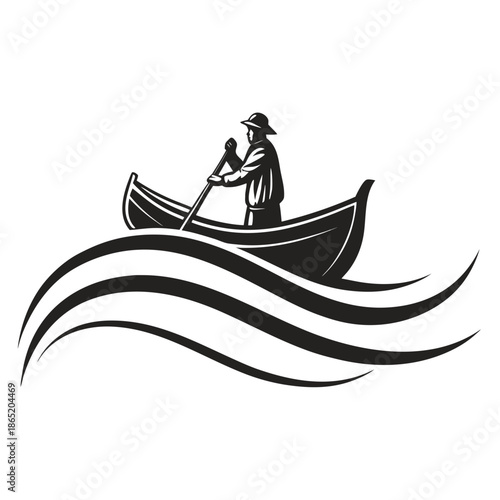 Title: A man rowing a boat with a paddle in calm waters with wavy lines rive black