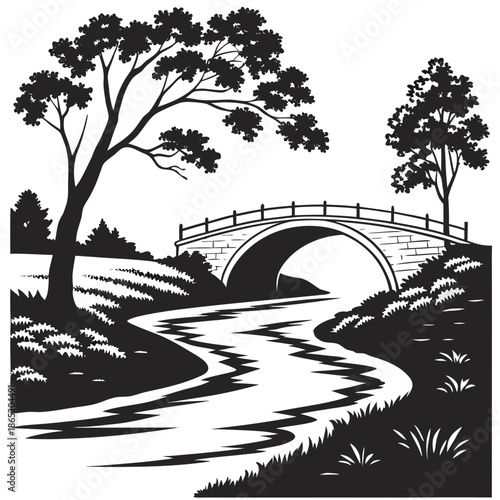 Title: A stone bridge over a winding river with trees and plants on the banks and grassy areas