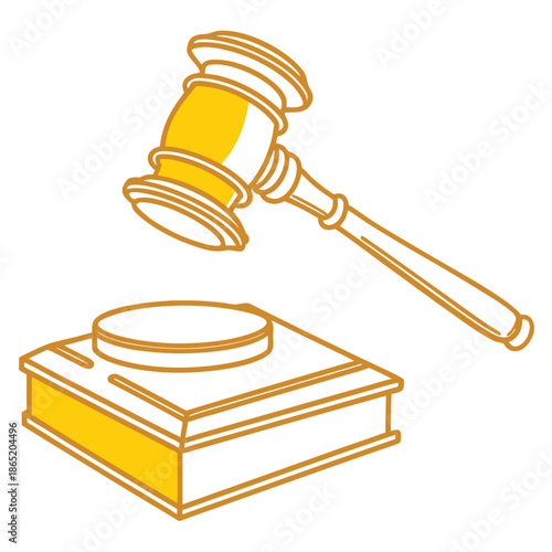 A golden gavel poised above a book representing legal justice and courtroom proceedings silhouette high quality