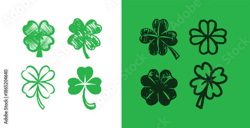 Lucky four and tree leaf clover set in hand drawn grunge style for Irish traditional holiday the Day of St. Patrick for seamless pattern and decoration for a party