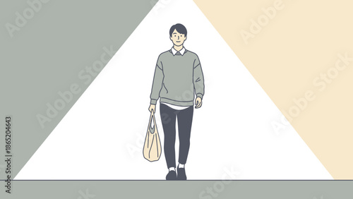 Young Man Walking with Shopping Bag, Minimalist Flat Illustration