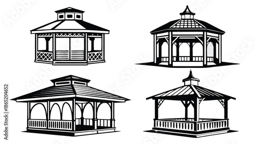 Detailed illustrations of ornate garden gazebos and pavilions showcase classic architectural designs a striking silhouette