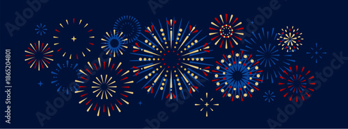 Set of holiday colorful firework explosion isolated on dark blue background. Independence day of America. Vector illustration