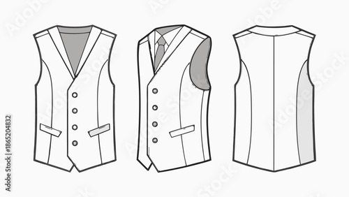 technical illustration of three white vests displayed in front side and back views silhouette high quality