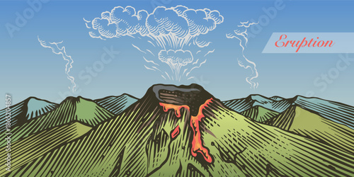 Moody volcano eruption landscape scene. Volcanic activity and explosion, lava coming out of mountain. Natural disaster concept. hand drawn engraving illustration pen and ink line art.