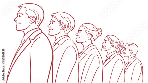 A linear arrangement of five people facing right depicted in a simple red line drawing silhouette