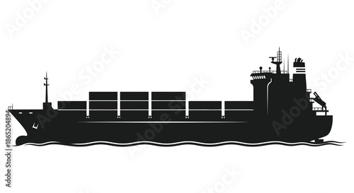 A striking black and white depiction of a large cargo ship transporting containers at sea silhouette