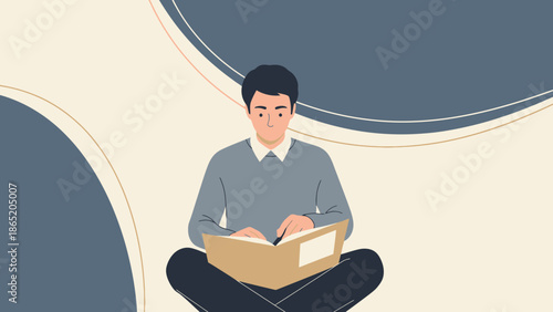Young Man Reading Book Sitting Cross-legged, Minimalist Style, Education Concept
