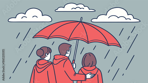 A couple sheltering under a vibrant red umbrella during a rainy day captured as a beautiful silhouette
