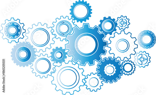 Collection of blue gear icons in various shades on a for design and technology concepts