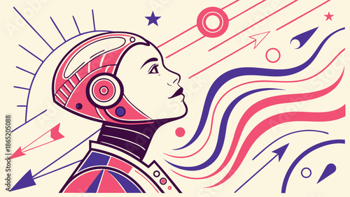 A futuristic portrait of a woman with a space helmet and vibrant lines a captivating silhouette