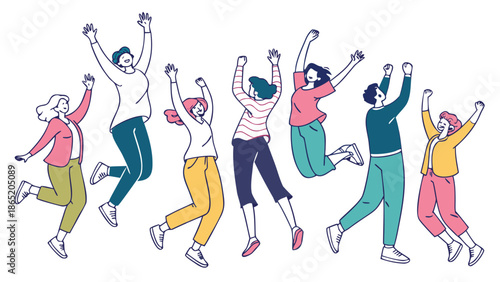 a group of people joyfully jumping and celebrating with arms raised in a vibrant illustration silhouette