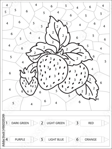 Strawberry Fruit Color by Number Educational Worksheet for Kids	