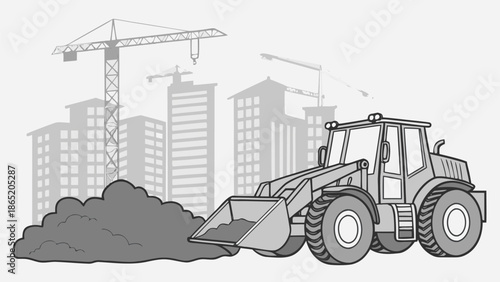 Construction site with a large loader cranes and city buildings depicted in a stark silhouette