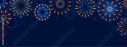 Set of holiday colorful firework explosion isolated on dark blue background. Independence day of America. Vector illustration