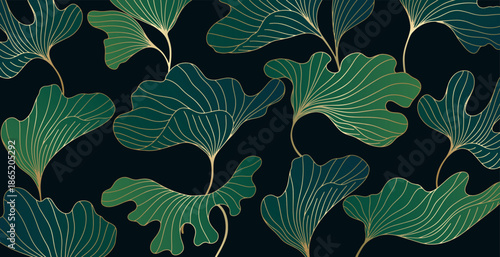 Golden leaves botanical background with modern style elements. Art deco or luxury wallpaper design. For wrapping, tropical vibes and decoration.Hand drawn line design